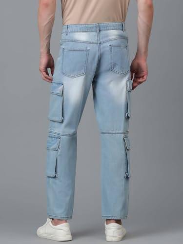 Image of KOTTY Men's Loose Fit Cargo Denim Jeans - Vintage Washed Utility Jeans with Side Pockets