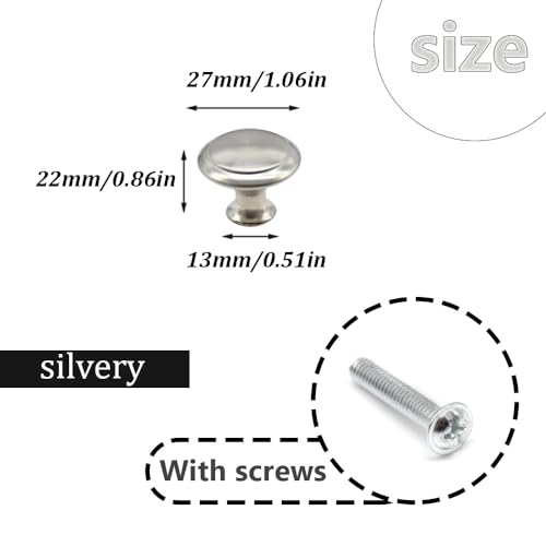 Hocansen 12 PCS Round Drawer Handles 27mm Metal Furniture Pull Knobs with Screws Single Hole Cupboard Door Knobs Silver Mushroom Knobs for Drawer,Cabinet and Dresser (Silver/27mm/LS-YX) - Image 2