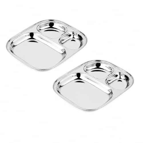 Image of Stainless Steel Plates with Compartments /Tiffin,Pav Bhaji, Partition, Breakfast Steel Plates for Lunch /Dinner /Kids Set of 2 (Small for Kids)