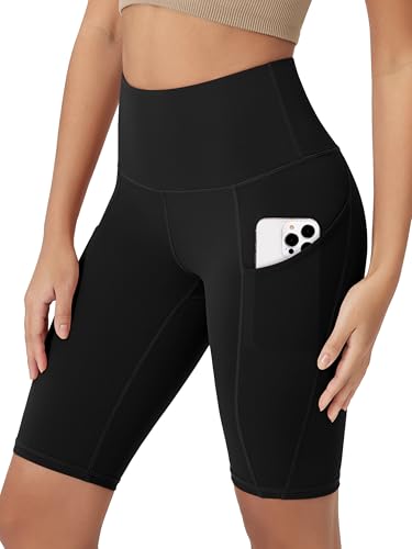 ODODOS 10' Tummy Control Biker Shorts for Women with Pockets High Waist Athletic Workout Yoga Shorts, Black, Large