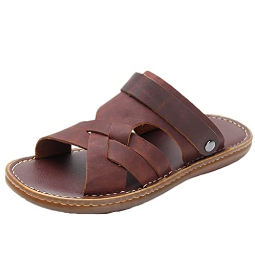 Men's Soft PU Leather Sandals Men Beach Slippers Outdoor Casual Holiday Male Retro Casual Shoes(White-Patch Five-Pointed star4,43 Code)