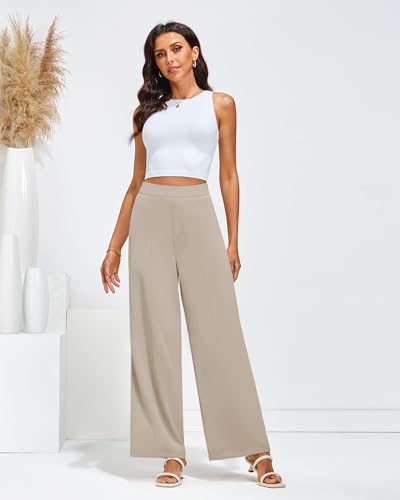 GRAPENT Wide Leg Dress Pants Women High Waisted Pull On Business Casual Work Pants Elastic Waist Dressy Trousers Pockets4