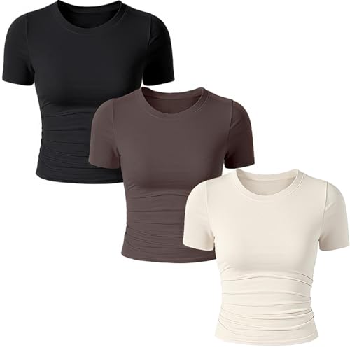 Coume 3 Pack Womens Short Sleeve Crew Neck Ruched T Shirts Summer 2025 Y2k Slim Fit Tees Stretchy Basic Tee Shirts Crop Tops