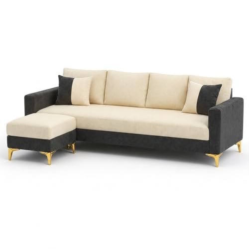 Image of Classiq Rich 5 Seater L Shape Sofa Set with Movable Ottoman | Flexible Layout | Spacious Soft Touch Seating | Designer Sofa for Living Room (Dark Grey-Cream)
