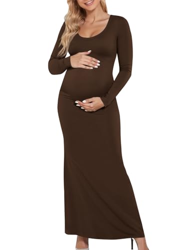 Yousify Womens Scoop Neck Maternity Maxi Dress Split Long Sleeve Slim Fit Split Casual Pregnancy Clothes for Baby Shower Coffee