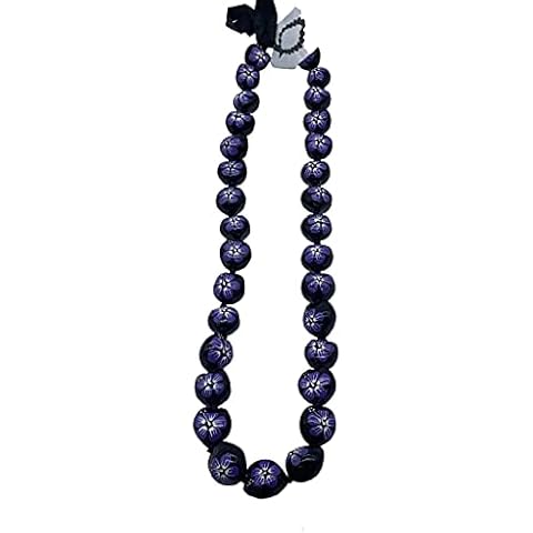 Hulu Makana Kukui Nut Necklace Lei - Purple Hibiscus Flower Cover