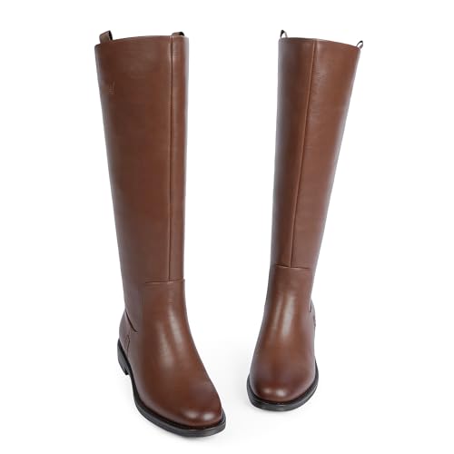 Image of Modatope Knee High Boots Women Rounded Toe Flat Retro Bais Opening Low Chunky Heel Riding Boots