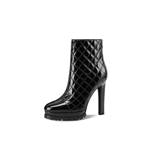 TinaCus Plaid Patent Leather Women's Round Toe Handmade High Heels Side Zip up Ankle Boots with Platform