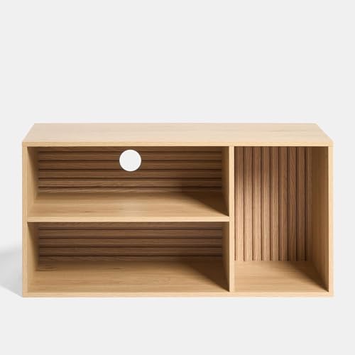 OHS TV Stand Cabinet Modern Style Dallas TV Table with Slatted 3 Open Storage Shelf Wooden Frame Decorative TVs Unit Console Table for Living Room Bedroom Entertainment Hallway, Natural