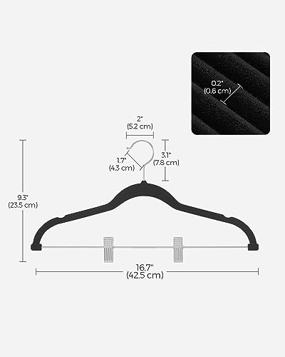 SONGMICS 30 Pack Pants Hangers, 16.7 Inches Long Velvet Trousers Hangers with Adjustable Clips, Heavy-Duty, Non-Slip, Space-Saving for Pants, Skirts, Coats, Dresses, Tank Tops, Black UCRF12B30