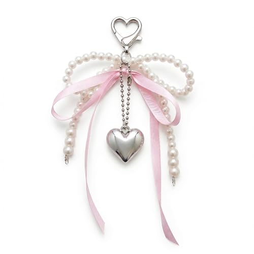 YOJO Coquette Bow Bag Charm for Women Cute Y2K Pearl & Pink Satin Ribbon Keychain Aesthetic Silver Puffy Heart Purse Accessory for Handbag Car Keys Phone Keychain Accessories