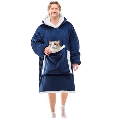 JOYWOO Navy Oversized Wearable Blanket Hoodie,Cat Lovers Long Hoodie Blanket for Adult,Birthday Gifts for Women Men Mom,Cozy Fuzzy Sherpa Fleece Sweatshirt Hooded Blanket Giant Pocket Gifts,Oversize