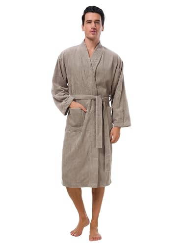 SIORO Mens Robe Terry Cloth Kimono Bathrobe Cotton Soft Shower Towel Bath Robes Calf Length Housecoat for Spa Hotel Hot Tub