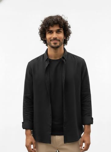 Image of Men's Linen Cotton Shirt | Solid Design | Full Sleeve | Regular Fit | Button Down Collar | Summer Casual & Formal Wear
