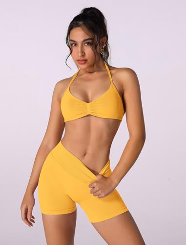 Image of ABOCIW Womens Seamless Workout Sets 2 Piece Strappy Halter Sports Bra Scrunch Butt Shorts Gym Yoga Outfits