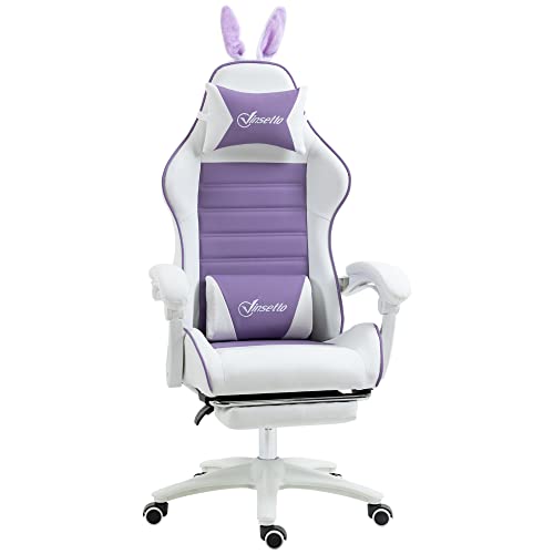 Vinsetto Gaming Stuhl Ergonomischer Gamer Stuhl mit Lendenwirbelstütze, Fußstütze, Gaming Sessel mit Hasenohren, Kopfkissen, Bürostuhl mit Verstellbare Rückenlehne Liegefunktion Violett