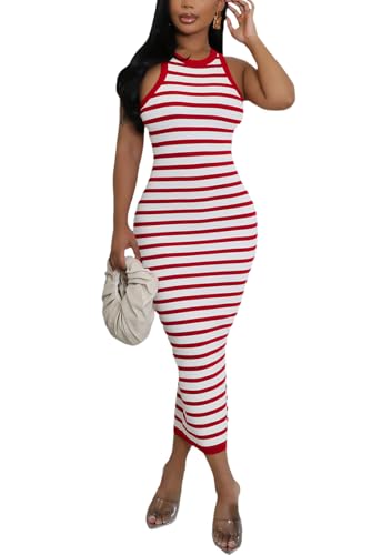 Women's Casual Ribbed Sleeveless Striped Slim Fit Bodycon Pencil Midi Tank Dress for Summer Red
