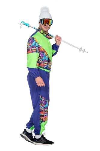 MIMIKRY 80er Jahre Graffiti Retro Ski-Anzug Herren-Kostüm inkl. Brille Overall Einteiler Trash Bad Taste Apres Ski, Größe:3XL-64/66