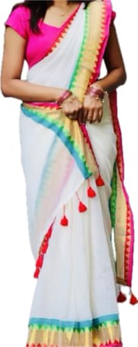 Image of Women's Mul Cotton Saree with Tassels | Soft Mulmul Saree | Woven Stripes & Zari Line | 5.5 Metres - Without Blouse