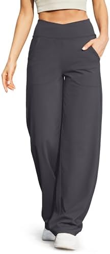 G4Free Women Yoga Pants Wide Leg Dress Pants with Pockets V Waisted Lounge Pants Workout Sweatpants for Casual Business Work(Deep Grey,XL,33")