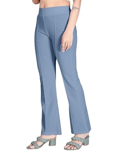 TRUE WESTIES Women Girls Solid Regular Fit Viscose Rayon Trousers | High-Waisted Pant | Casual Office Straight Trouser | Perfect for Every Occasion (L, Blue)