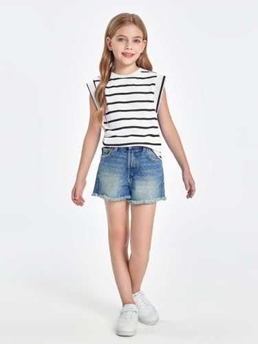 Image of Haloumoning Girls Cap Sleeve T Shirts Summer Striped Tank Tops Tees 4-14 Years