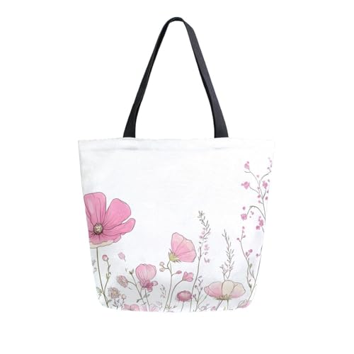 Extra Large Shoulder Tote Bag for Beach Travel Weekender Gym Watercolor Wildflowers Pink Flowers Plants Reusable Grocery Canvas Shopping Bag