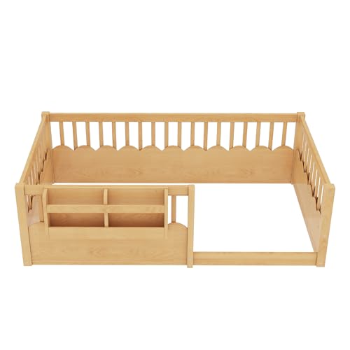Image of Bellemave Twin Size Kids Montessori Floor Bed,Solid Wood Floor Bed Frame with Bookshelf and High Fence for Kids,Girls,Boys,Natural