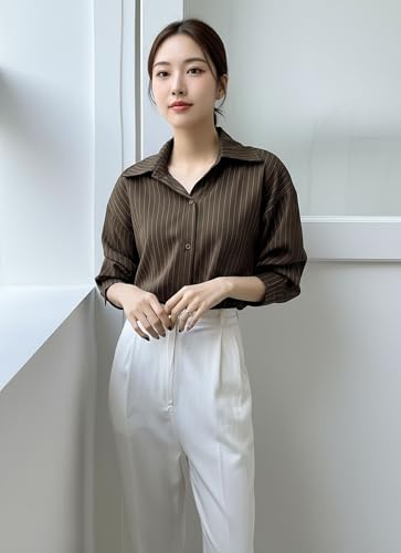 Image of Aahwan Solid Button Up Drop Shoulder Vertical Stripe Pattern Casual Long Sleeve Shirt for Women's & Girl's