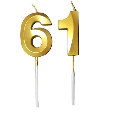 Image of ToyUniverse Number 61 Gold Candle | Sixty One Number Candle | Number 61 Metallic Gold Candle for Sixty First Birthday,Anniversary, Surprise Party Cake Decoration Candle (Pack of 2,Number 61)