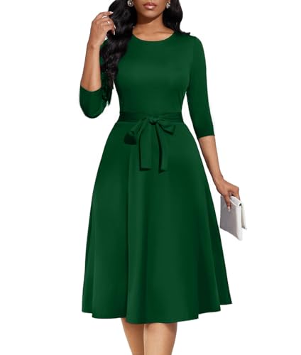 Image of Casual Dresses for Women Midi Church A-Line Fit and Flare Dress Crewneck 3 /4 Sleeve Party Dress