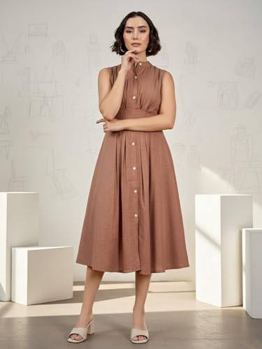 Image of PURVAJA Women's Pleated Knee Length Sleeveless Mandarin Collar Solid Dress
