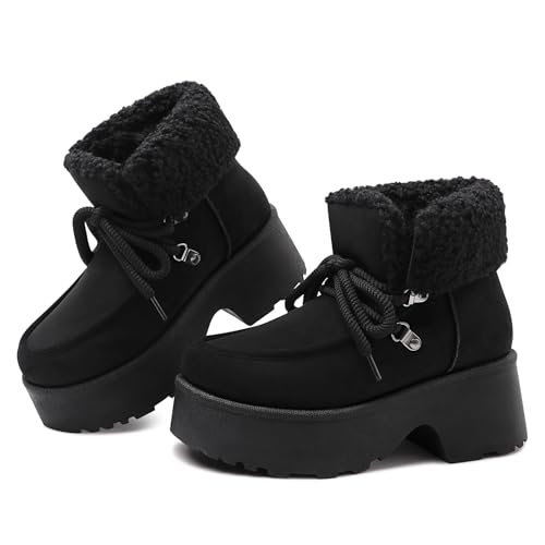 Women's Combat Ankle Boots Chunky Heels: Platform Lace Up Faux Fleece Lined Cozy Winter Snow Boot with Goth