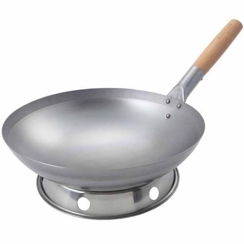 SANTOS Wok aus Carbonstahl Ø 33 cm – mit Holzgriff & Edelstahl-Wokring – Perfekt für asiatische Gerichte – Optimale Hitzeverteilung & hohe Temperaturbeständigkeit