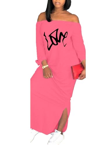 Image of Women's Casual Off Shoulder Maxi Dress - African Print Summer Loose Long Sleeve Tunic T Shirt Dresses with Pockets