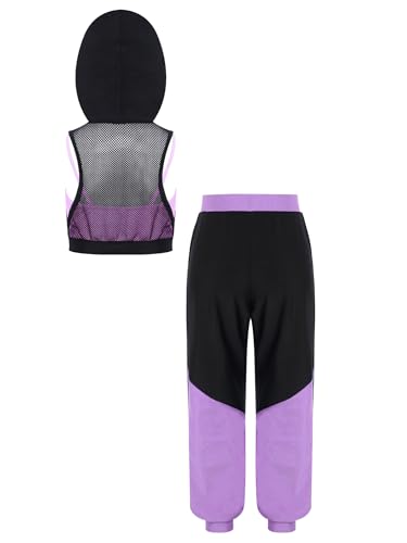 Kids Girls Sports Outfit Color Block Hoodie Mesh Vest With Builtin Top And Elastic Pants Set2