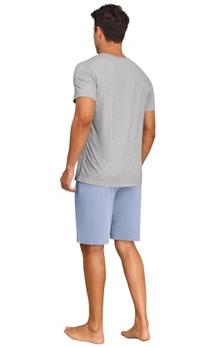 Image of PrinStory Mens Summer Pajamas Set Lightweight Pjs Sets Short Sleeve Pajama Shorts Set Soft Sleepwear Loungewear with Pockets