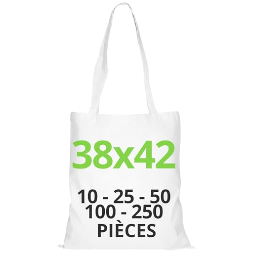 URBAN 5884 Sac en Coton 38x42 cm, Ensemble de Sacs non Imprimés, Poignées Longues, Tissu Résistant, Idéal pour Courses, à Imprimer ou à Peindre, Blanc, 10