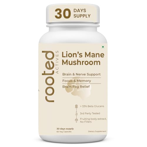 ROOTED Usda Organic Lions Mane Mushroom Extract Capsules 38% Beta Glucans(60 Capsule)