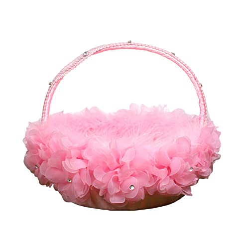 Soft Fluffy Ostrich Feather Flower Girl Basket with Rhinestones, Cute Flower Baskets for Wedding Ceremony
