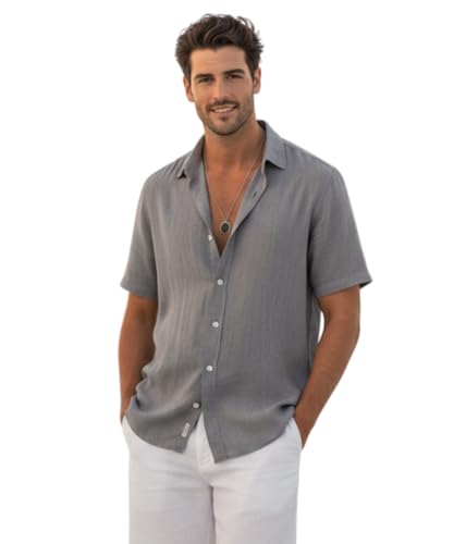 Image of VastraVibes Premium Cotton Linen Shirt for Men | Half Sleeve Slim Fit Casual Shirts | Lightweight Beach Wear & Festive Outfits | Trending Pastel Colors