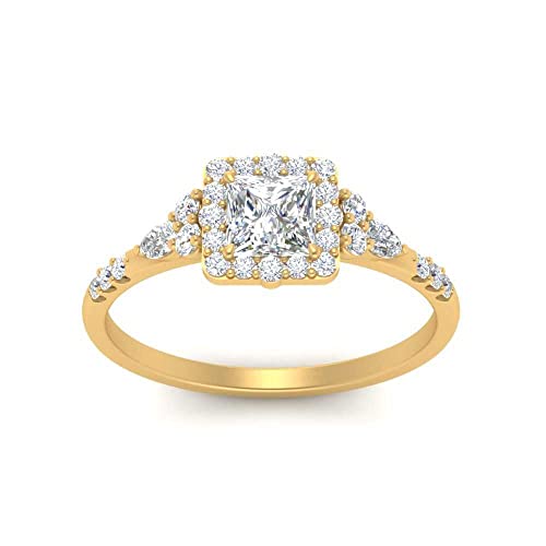 Image of Choose Your Color 14k Yellow Gold Plated Princess Shape Petite Engagement Rings Halo Edwardian Engagement Ring Everyday Wedding Jewelry Handmade Gifts for Wife : US Size 4 to 12
