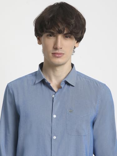 Image of The Bear House Men's Blue Solid Spread Collar Shirt with Brand Logo on Patch Pocket