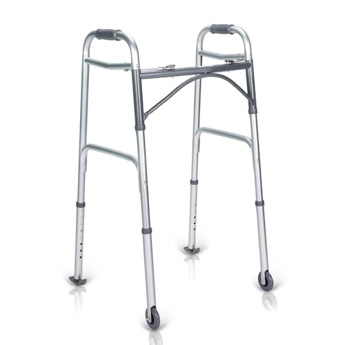 Image of KosmoCare Deluxe Folding Walker With Added Accessories - 3 inch Castors And Carpet Gliders, White