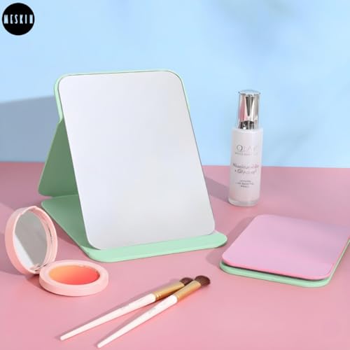 Image of MESKIN Portable Tablet Style Makeup Mirror with Foldable Stand | Compact Folding Free Hand Standing Mirror | Travel Friendly Vanity Mirror with PU Flap Cover (Pack of 1, Mint Green)