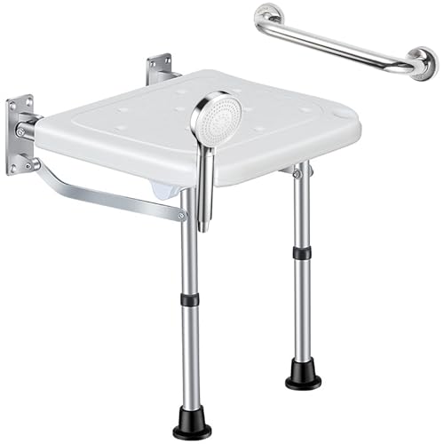 Wall Mounted Folding Shower Seat with Grab Bar, Height Adjustable, 200kg Capacity