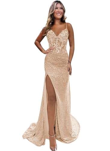 Sparkly Prom Dresses Mermaid Long Ball Gown Spaghtti Straps V Neck Sequin Dress for Women