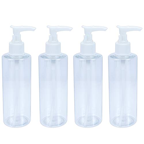 AQUEENLY 8oz Pump Bottle Plastic, 4 pack Clear Empty Bottles with White Pump - Great as Essential Oil Bottles, Lotion Bottles, Soap Dispensers, 2 Small Funnels Included