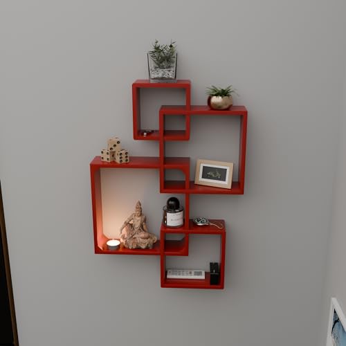 Image of ETIQUETTE ART Floating Cube Shelves - Intersecting Wall Mounted Shelves - Wall Decor Square Shelves for Bedrooms, Living Rooms & More - Set of 4 Box Shelves (Red)