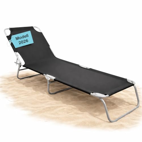 BigDean Sonnenliege klappbar 150 kg belastbar mit 4-Fach Verstellbarer Rückenlehne – hochwertige Gartenliege für Balkon, Garten & Strand - Klappliege Strandliege Liege schwarz